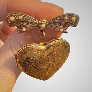 Vintage Gold Heart Locket Brooch Bow Pin Faux Pearl Engraved Floral Victorian